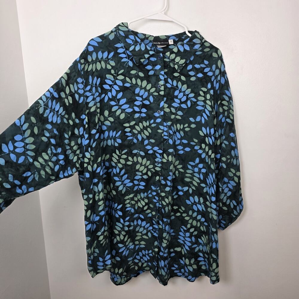 Mib Collection Blue Green Leaf Print Button Up Oversized‎ Artsy Shirt Size 14